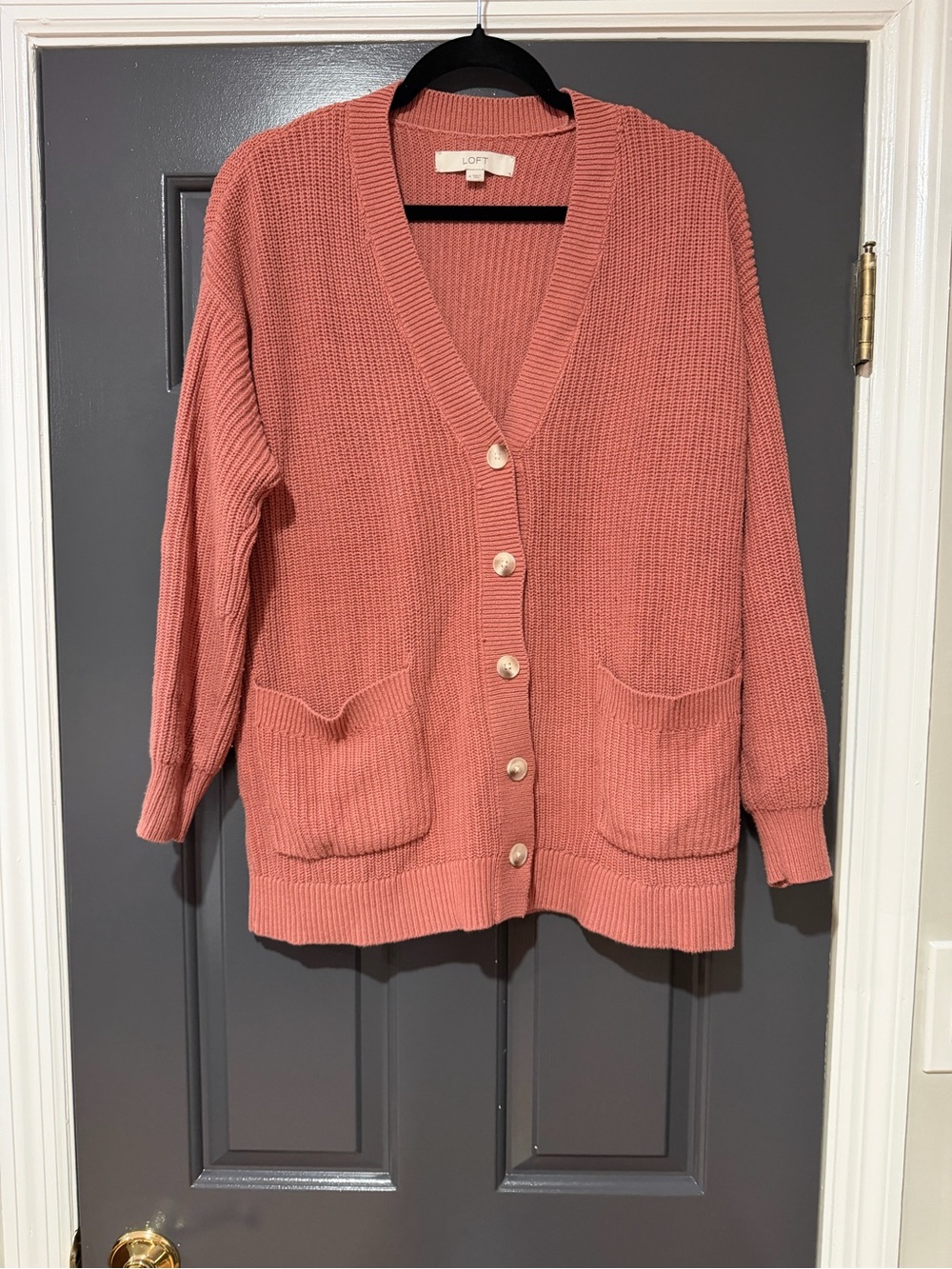 LOFT Coral Button-Front Ribbed Pocket Cardigan
